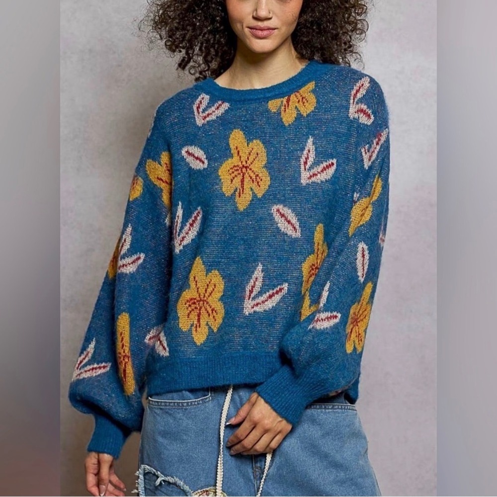 POL Floral‎ Sweater Womens Large Blue Fuzzy Boho Oversized Balloon Sleeve YST707